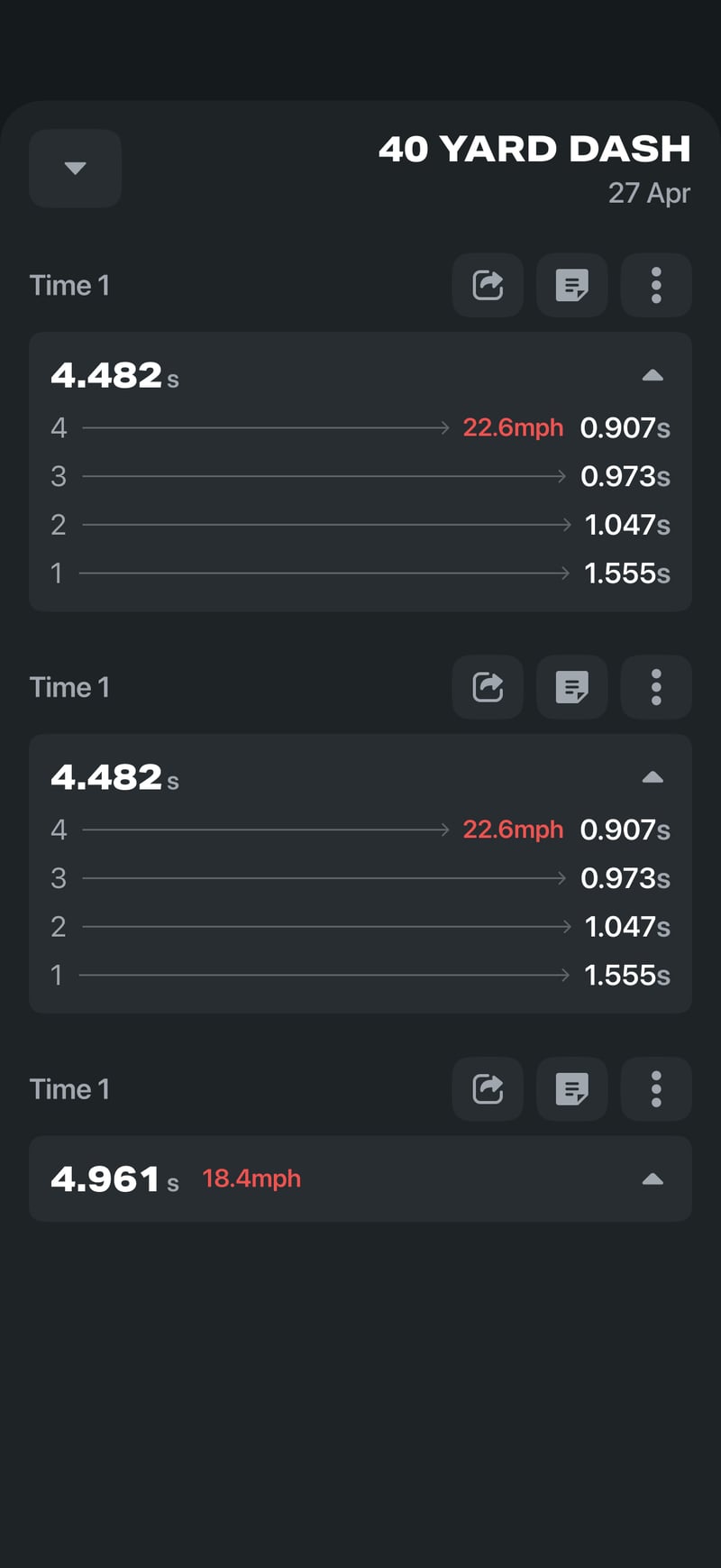 Per-athlete sprint history view in the OVR Connect app.