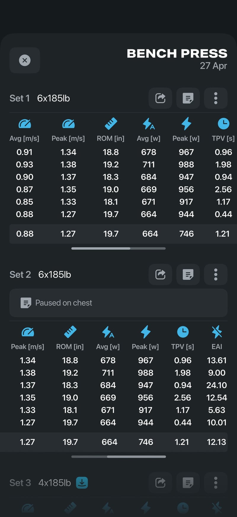Velocity history view in the OVR Connect app.