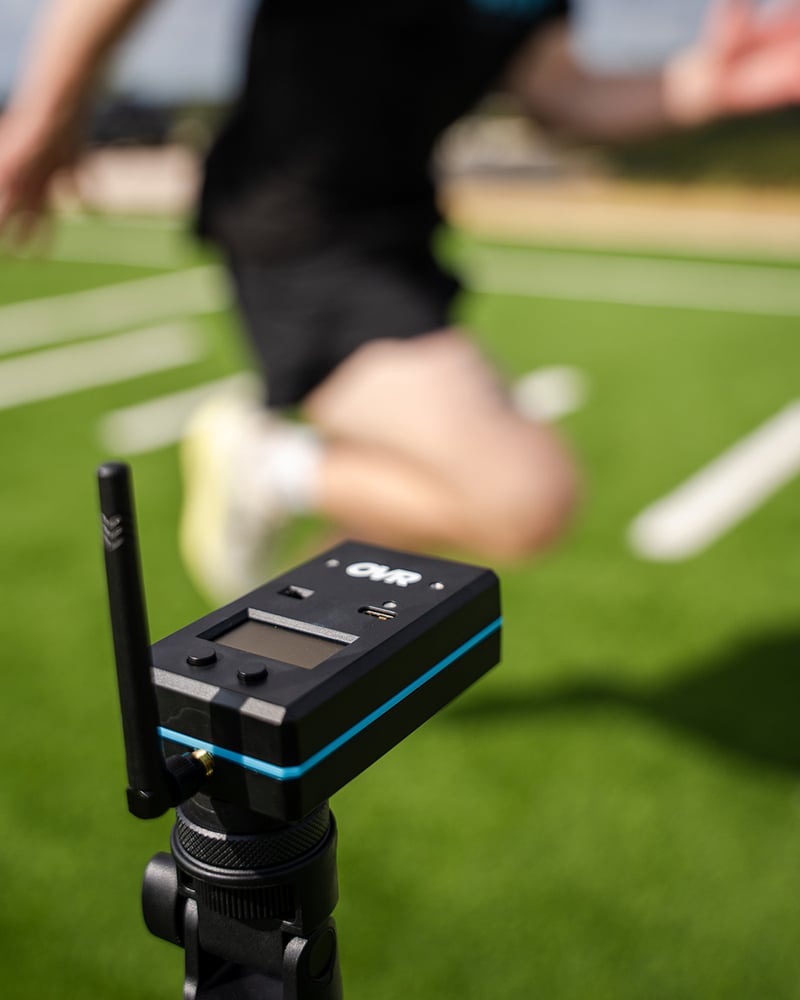 Athlete sprinting with OVR Sprint timer floating in scene