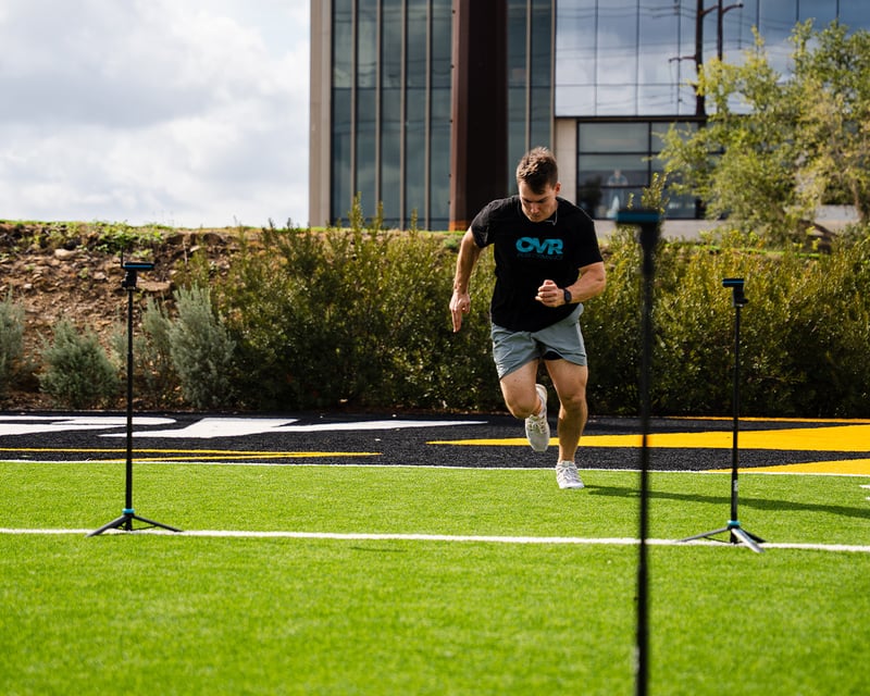 Athlete reacting to a fresh sprint time at the OVR Sprint gate
