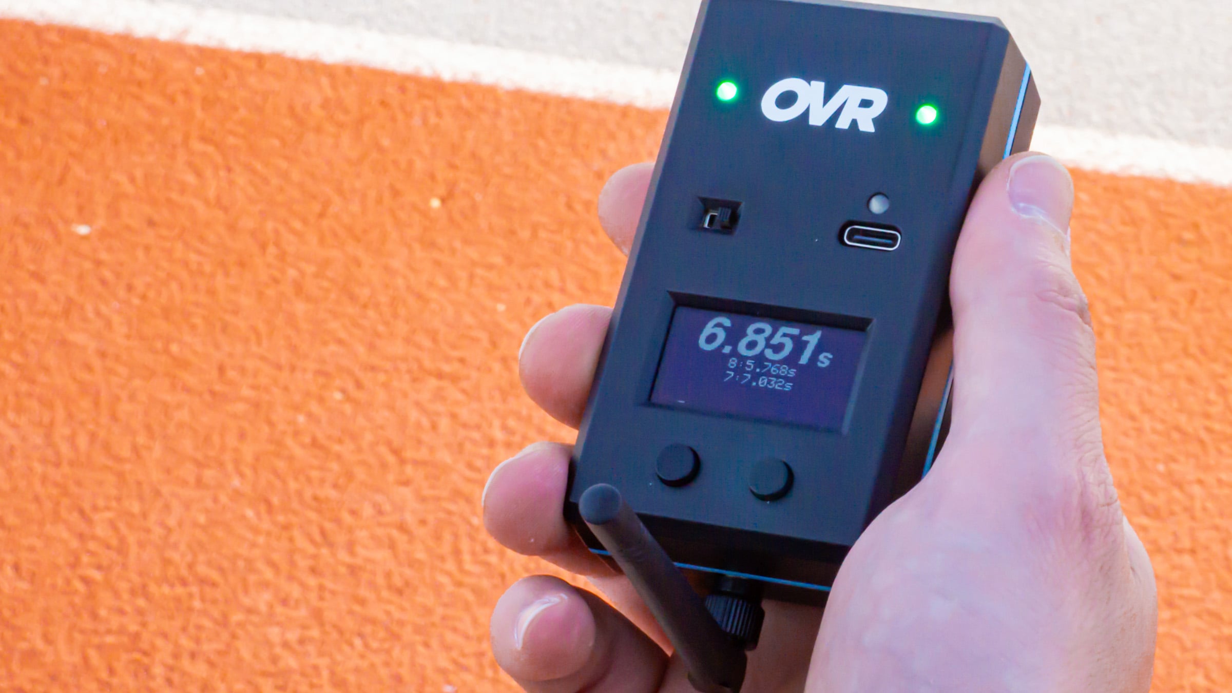 OVR Sprint device showing 6.851 second split time on its always-on display.
